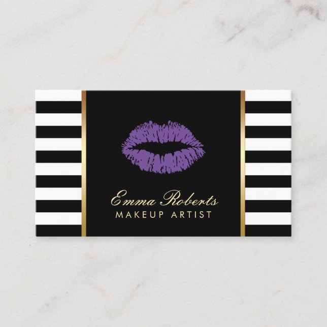 Makeup Artist Purple Lips Modern Black Stripes Business Card (Front)