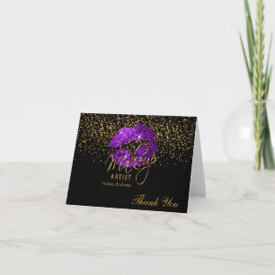 Makeup Artist Purple Lips on Black Letterpress Thank You Card