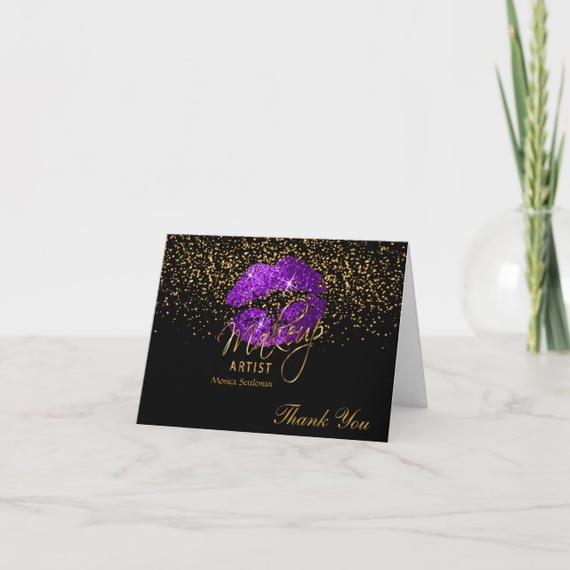 Makeup Artist  Purple Lips on Black Thank You Card (Front)
