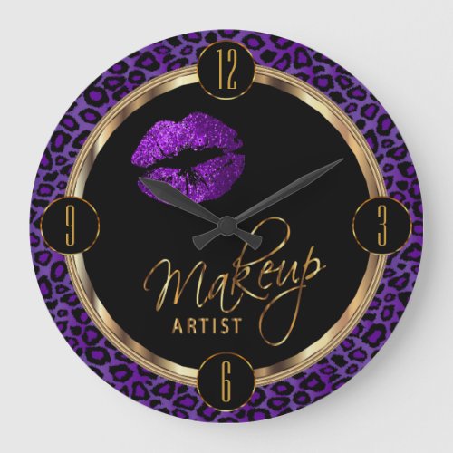 Makeup Artist Purple Lips with Leopard Print Large Clock