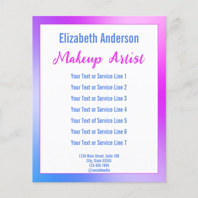 Makeup Artist Purple White and Blue Text Template Flyer (Front)