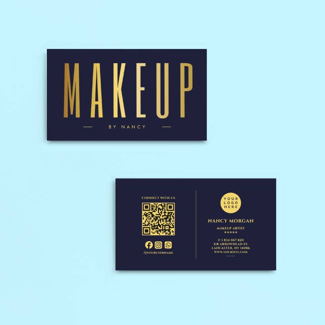 Makeup Artist QR Code And Logo Navy & Gold Business Card (Creator Uploaded)