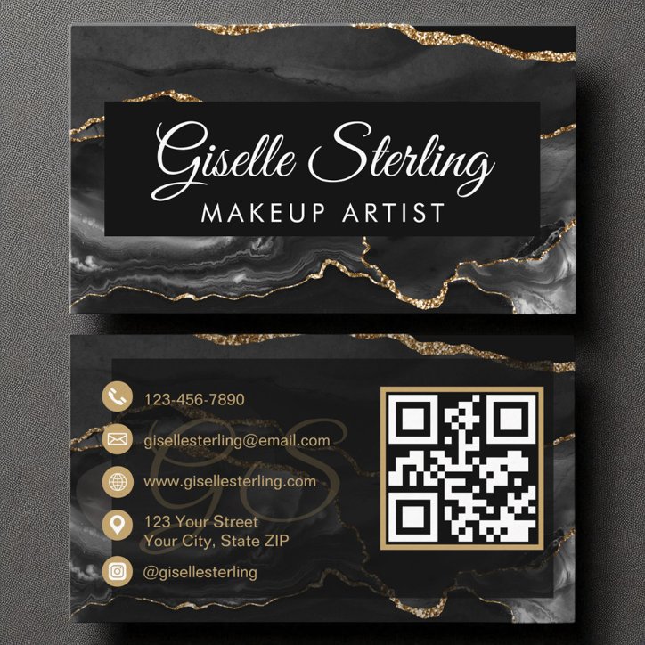 Makeup Artist QR Code Black Gold Agate Luxury Business Card