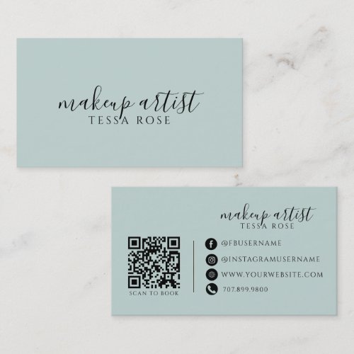 Makeup Artist QR Code Dusty Blue Green Business Card