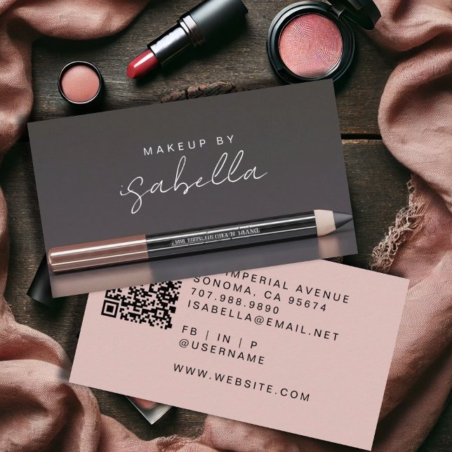 Makeup Artist QR Code Dusty Pink Charcoal Gray Business Card (Creator Uploaded)