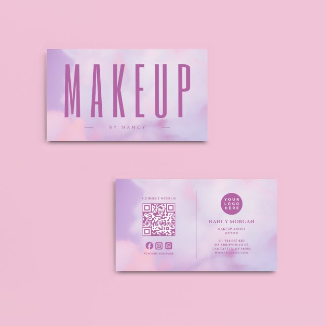 Makeup Artist QR Code & Logo Purple Holographic Business Card (Creator Uploaded)