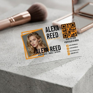 Makeup Artist QR Code Photo Orange Black Clear Business Cards