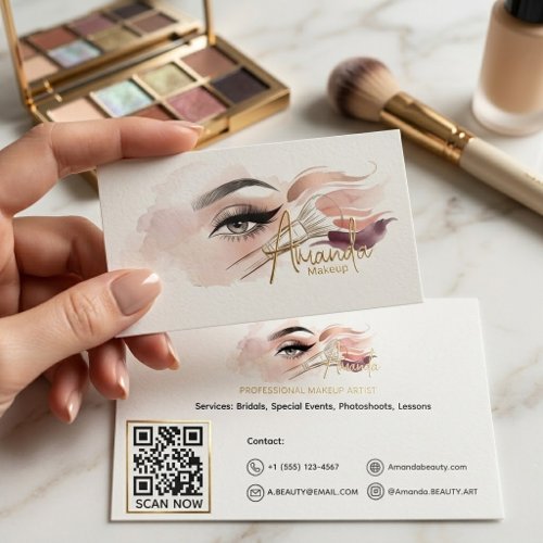 Makeup Artist QR Code Watercolor Eye Gold  Foil Spot Gloss Business Cards