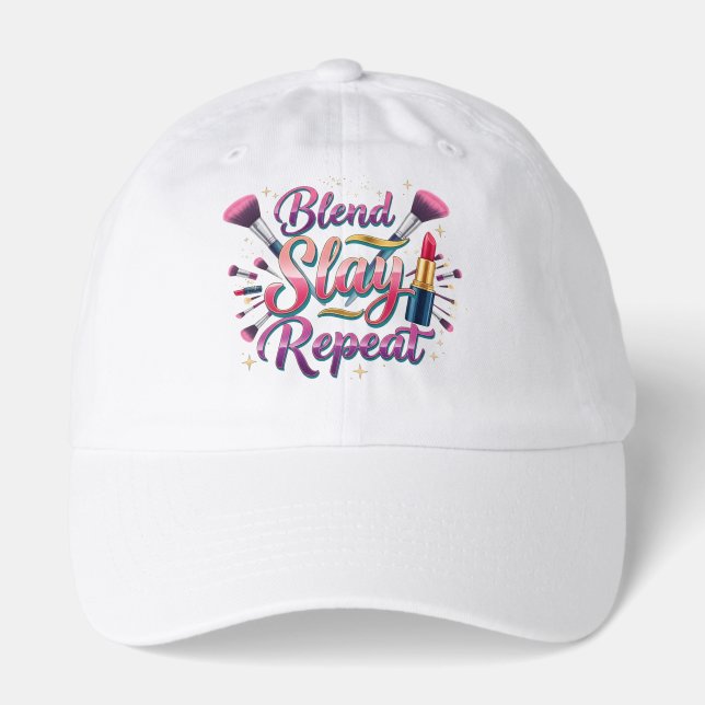 Makeup Artist Quote Blend Slay Repeat Pink Hat (Front)