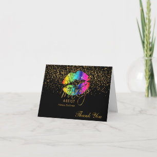 Makeup Artist Rainbow Lips on Black Letterpress Thank You Card