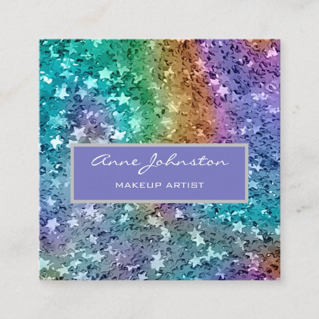 Makeup Artist Rainbow Star Glitter Square Business Card (Front)