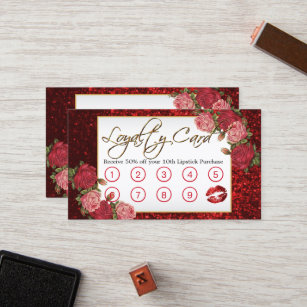 Makeup Artist - Red Glitter and Floral Design Loyalty Card