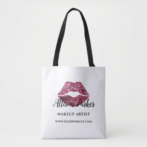 Makeup Artist Red Glitter Kiss Lips White Business Tote Bag