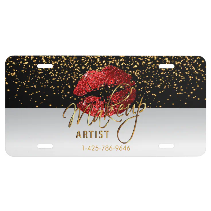 Makeup Artist Red Glitter License Plate