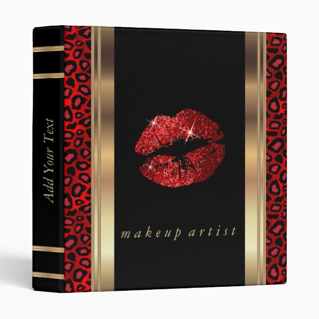 Makeup Artist Red Glitter Lips and Leopard Print 3 Ring Binder (Front/Spine)