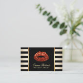 Makeup Artist Red Glitter Lips Gold Stripes Business Card (Standing Front)