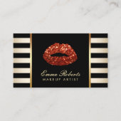 Makeup Artist Red Glitter Lips Gold Stripes Business Card (Front)