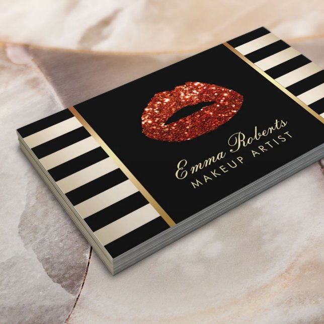 Makeup Artist Red Glitter Lips Gold Stripes Business Card