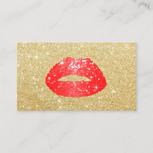 Makeup Artist Red Glitter Lips Modern Gold Salon Business Card