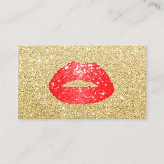 Makeup Artist Red Glitter Lips Modern Gold Salon Business Card (Front)