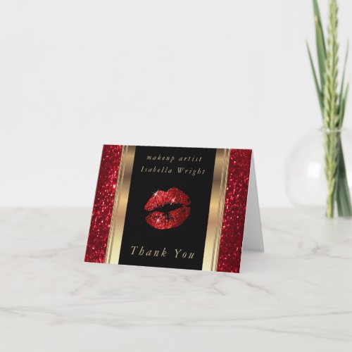 Makeup Artist  Red Glitter Lips on Black Thank You Card