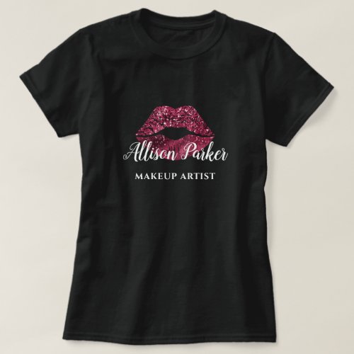 MAKEUP ARTIST Red Glitter Logo Kiss Name T_Shirt