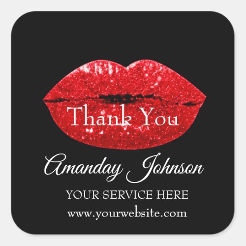 Makeup Artist Red Kiss Lip Name Modern Thank Black Square Sticker