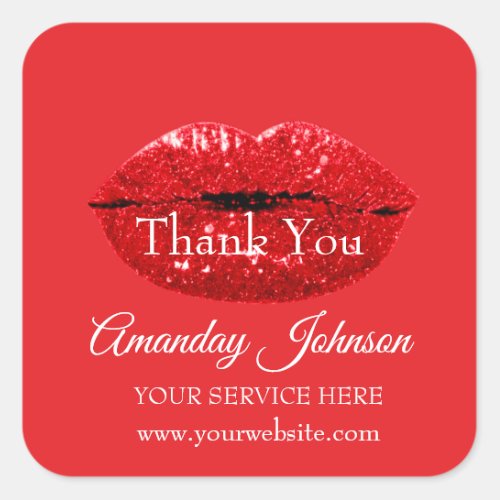 Makeup Artist Red Kiss Lips Name Modern Thank You Square Sticker