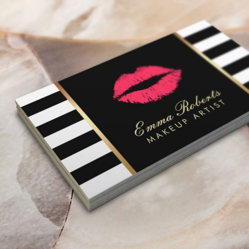 Makeup Artist Red Lips Beauty Salon Modern Stripes Business Card