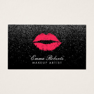 Makeup Artist Red Lips Black Glitter Modern Business Card