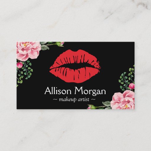 Customizable Makeup Artist Red Lips Elegant Floral Decor Double-Sided Standard Business Cards (Pack Of 100)
