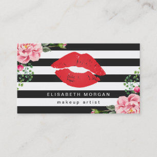 Makeup Artist Red Lips Floral Black White Stripes Business Card