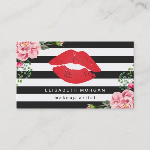 Customizable Makeup Artist Red Lips Floral Black White Stripes Business Card