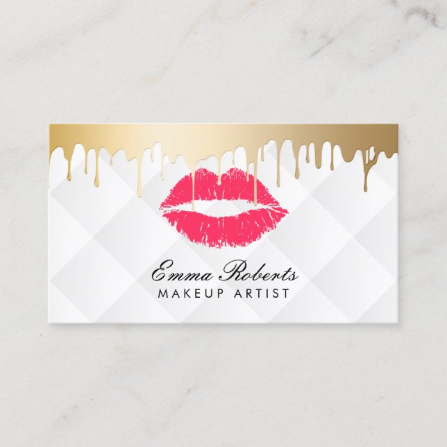 Makeup Artist Red Lips Gold Drips Classy White Business Card (Front)