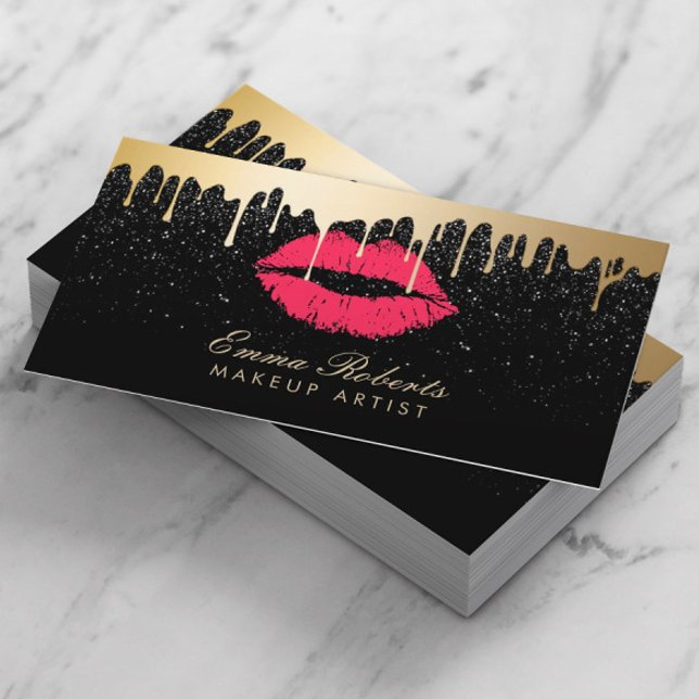 Makeup Artist Red Lips Gold Drips Modern Black Business Card (Creator Uploaded)