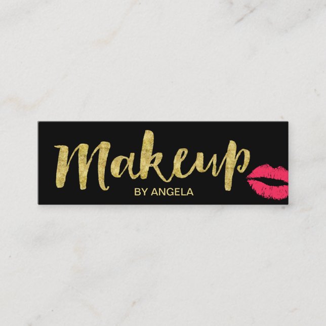 Makeup Artist Red Lips Gold Script Mini Business Card (Front)