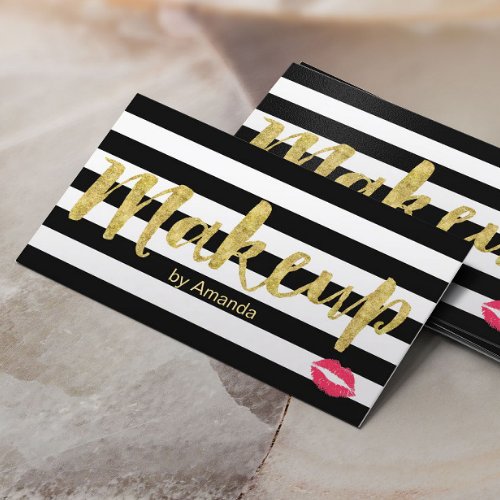 Makeup Artist Red Lips Gold Script Modern Stripes Business Card