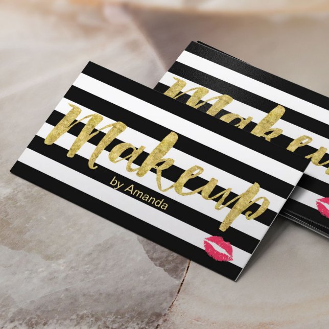 Makeup Artist Red Lips Gold Script Modern Stripes Business Card