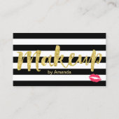Makeup Artist Red Lips Gold Script Modern Stripes Business Card (Front)