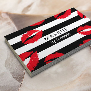Makeup Artist Red Lips Kisses Modern Stripes Business Card