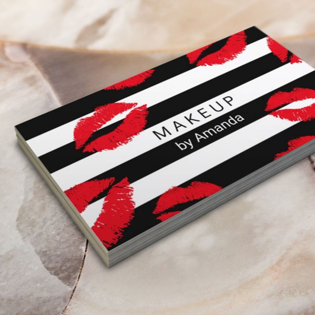Makeup Artist Red Lips Kisses Modern Stripes Business Card (Creator Uploaded)