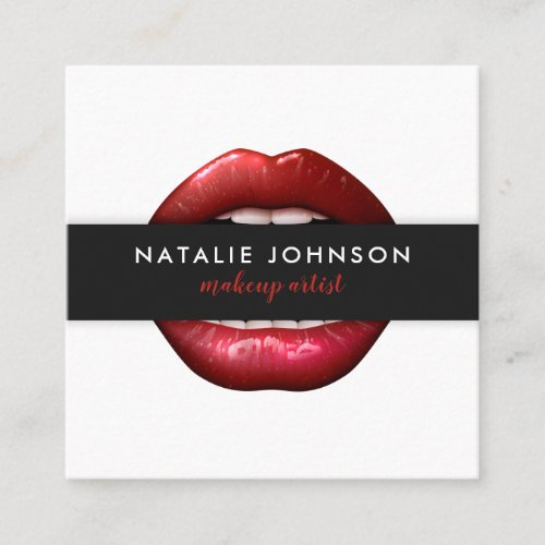 Makeup artist red lips modern black white beauty square business card