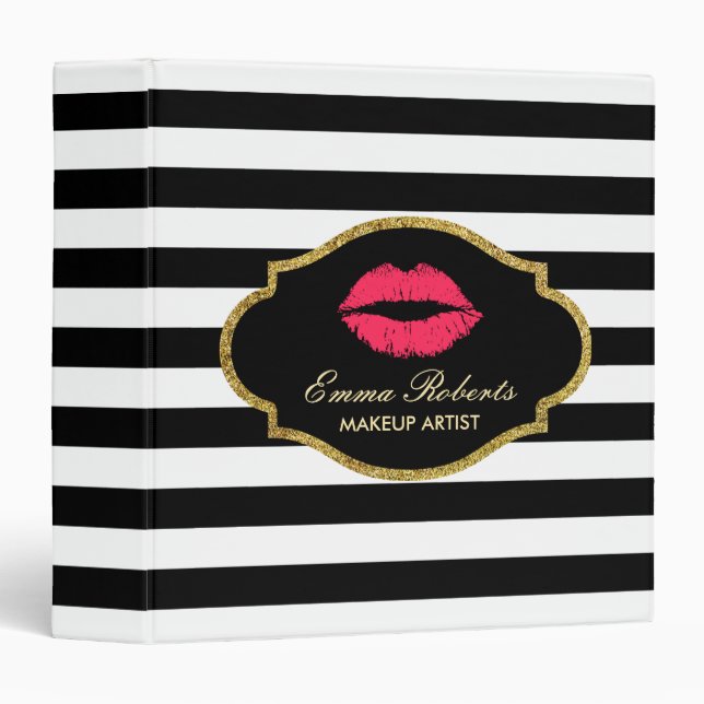 Makeup Artist Red Lips Modern Black White Stripes 3 Ring Binder (Front/Spine)