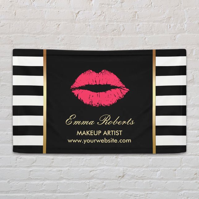 Makeup Artist Red Lips Modern Black White Stripes Banner (Creator Uploaded)