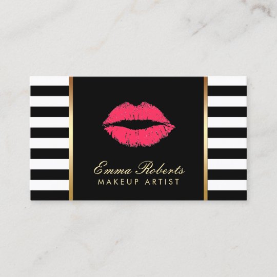 Makeup Artist Red Lips Modern Black White Stripes Business Card