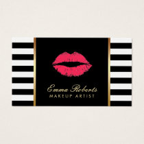 Makeup Artist Red Lips Modern Black White Stripes Business Card