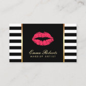 Makeup Artist Red Lips Modern Black White Stripes Business Card (Front)