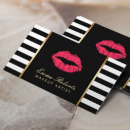 Makeup Artist Red Lips Modern Black White Stripes Business Card