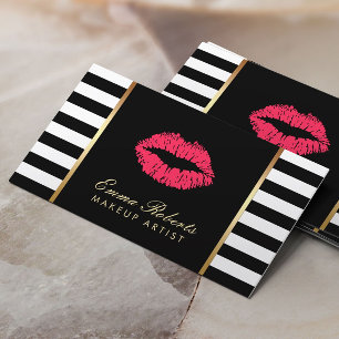 Makeup Artist Red Lips Modern Black White Stripes Business Card