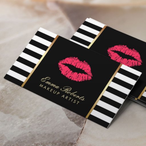 Customizable Makeup Artist Red Lips Modern Black White Stripes Business Card